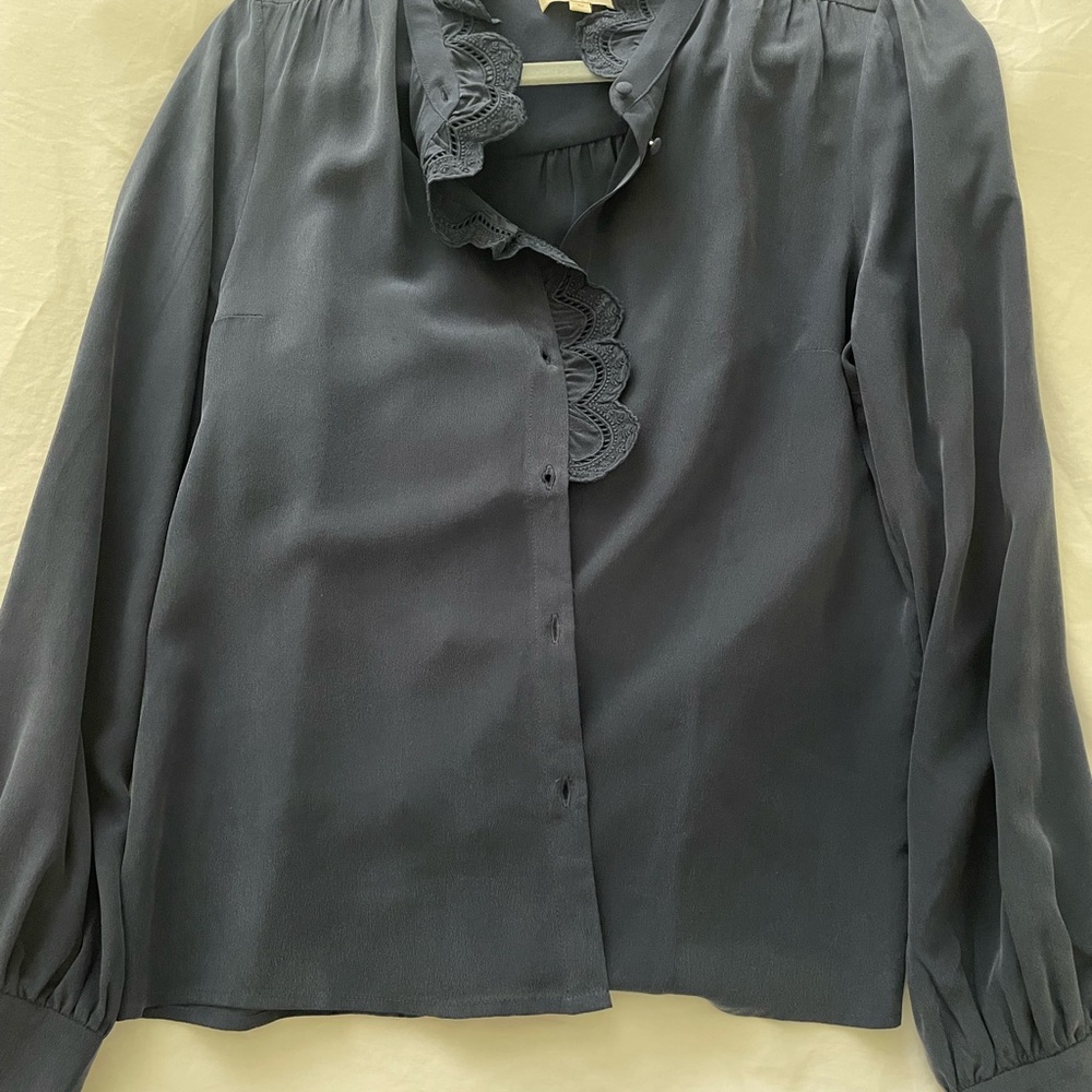 Sezane Chlo Silk Shirt—Womens Size 38 Elegant Navy Blouse with Lace Detail